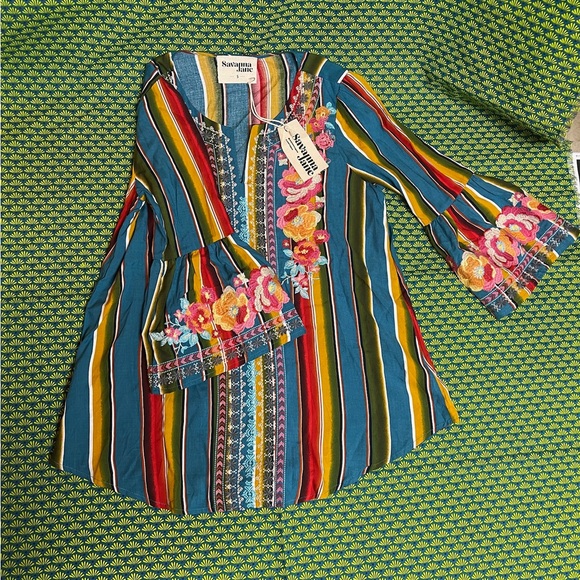 Savanna Jane Embroidered Blouse bell sleeves boho hippie turquoise colorful SZ S - Picture 9 of 11